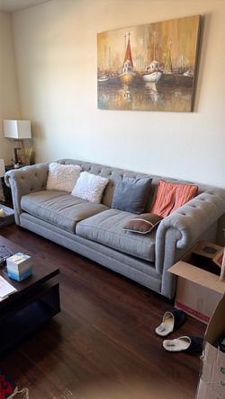 Large Gray Tufted Sofa / Couch – Good Condition
