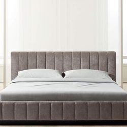 CB2 Forte Channeled Grey Velvet Queen Bed
