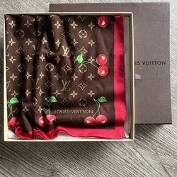 Super Rare!! Louis Vuitton Scarf Bandana Monogram Cherry "Takashi Murakami"Cotton New 22"