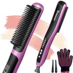 Straightening Comb for Hair Electric - 2-in-1 Hot Brush Hair Straightener Ceramic Fast Heating Hair Straightener Brush with Auto-Off & Anti Scald Stra