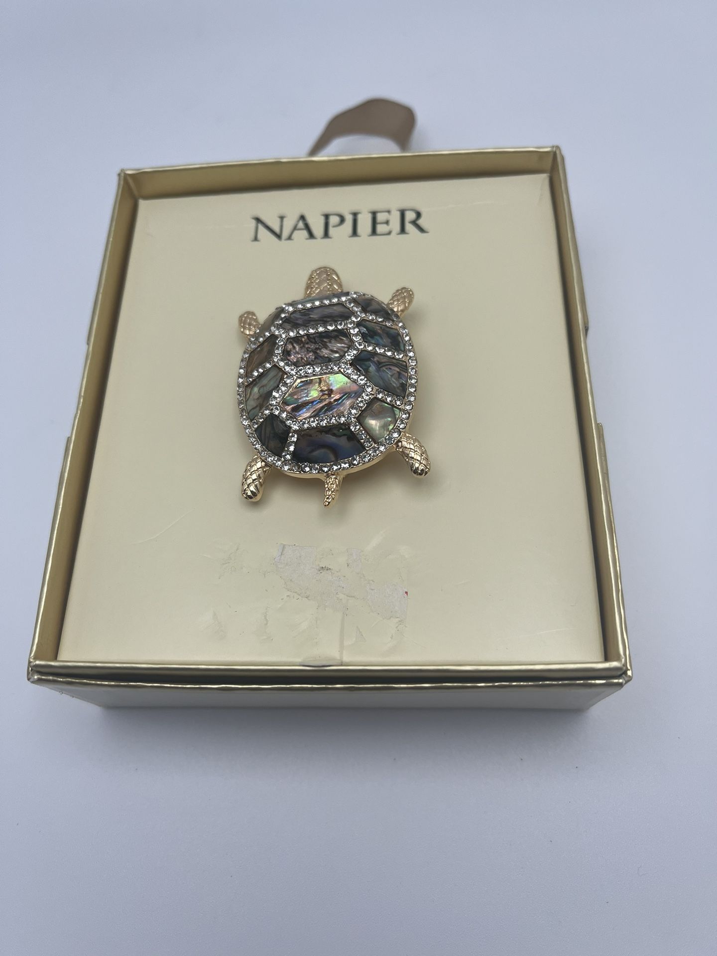 NIB Blinked Out Abalone? Napier Gold Turtle Brooch Pin Gift Box Statement Sparkly
