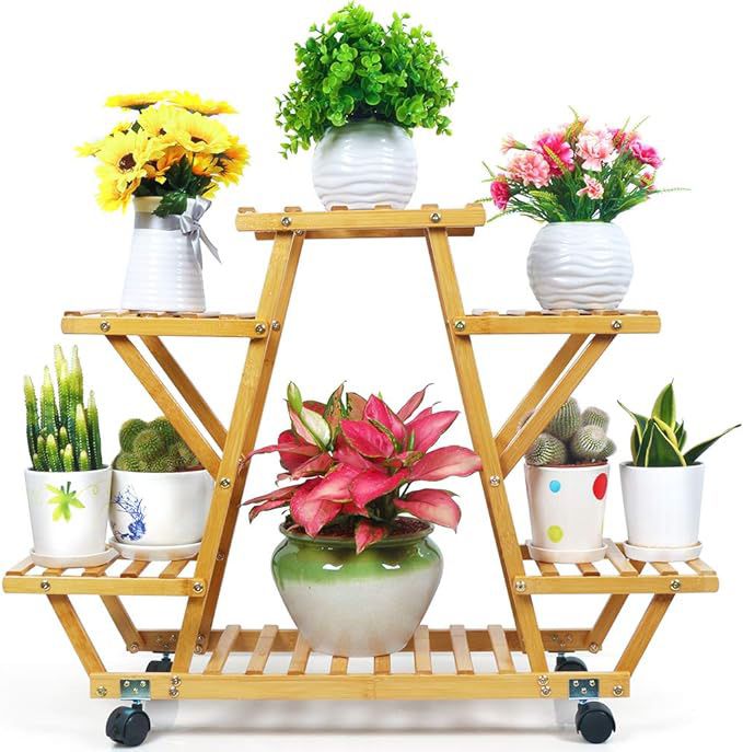 Bamboo Plant Stand with Wheels Multi-Layer Rolling Plant Flower Pots Holder Display Shelf Indoor&Outdoor Unit for Patio Corner Balcony Living