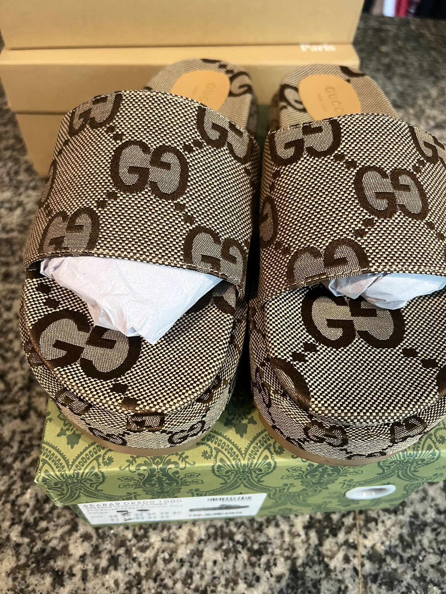 GUCCI SHOES CAMEL AND EBONY MAXI GG CANVAS PLATFORM SLIDE US 40 & 42 Sizes