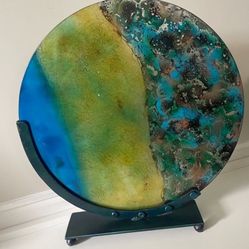 Ocean-Inspired Resin Art Plate with Stand - Coastal Decor