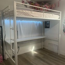 White Twin Loft With Desk/ LED Lights 