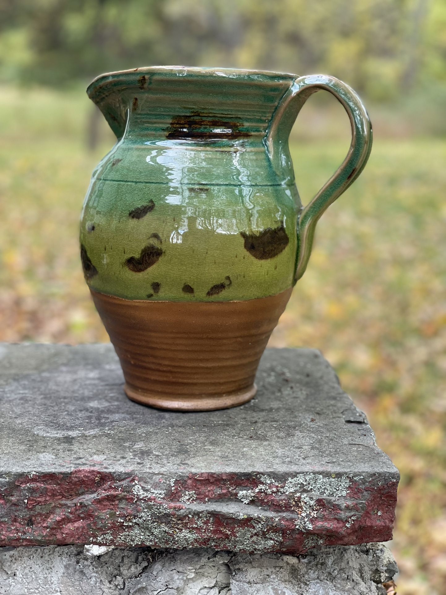 Large Vintage Folk Art Redware 10” Tall Pitcher ~ 2 Tone Finish Greens & Browns