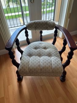 Vintage Barrel Chair with Tufted Upholstery & Office Desk and Chair