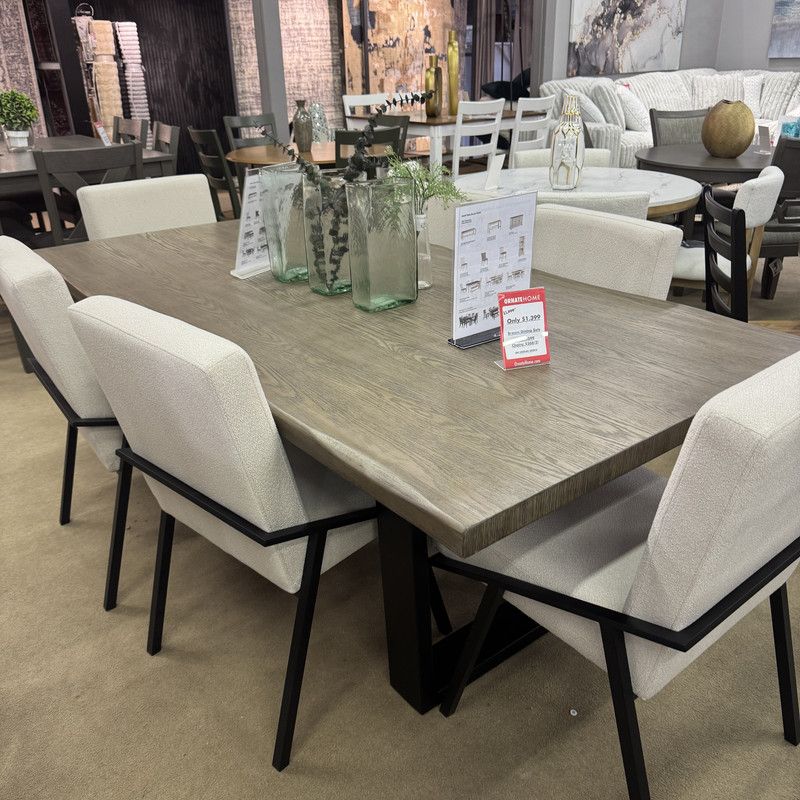 Brown Dining Table and 6 Beige Side Chairs / 7 piece Set