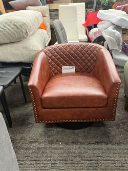 Brown PU Leather Upholstered 360° Swivel Arm Chair with Nailhead Trim (Set of 1)