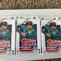 (3) 2023 Topps Baseball cards Hanger boxes lot    (3) 2023 Topps Baseball  Series 1 hanger boxes   67 cards per box   Look for Autograph and relics ca