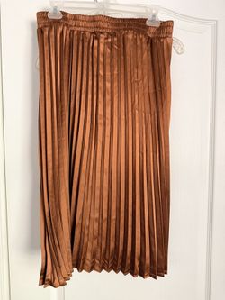 Pleione Pleated Satin Midi Skirt — Brown, Size M, Pre-Owned