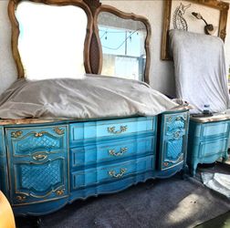Antique 9 drawer dresser, mirror painted shades of teal blue