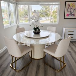 Modern Round Dining Table with Lazy Susan + 4 Chairs – White & Gold | Excellent Condition