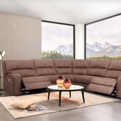 POWER MOTION 6PC SECTIONAL WITH 3 POWER RECLINERS INCLUDING HEADREST AND FOOTREST AND POWER CONSOLE WITH USB IN MOCHA BROWN 