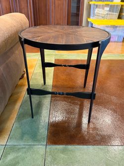 Two end tables wood table top and wrought iron legs