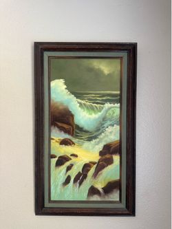 Vintage Framed Original Oil Painting Ocean Shoreline Crashing Waves By Bobbi Harrington