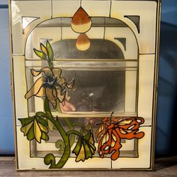 70s Tiffany Style Decorated Glass & Brass Teak Case Modernism Flower & Butterfly