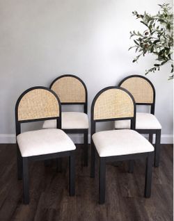 Dining Chairs Set of 4, Farmhouse Upholstered Rattan Chairs with Chenille Seat for Kitchen Dining Room, Black
