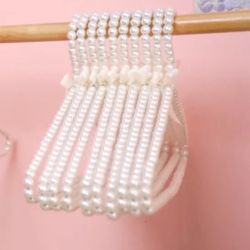 (7777-9) Threan 10 Pcs 16 Inch Pearl Clothes Beaded Clothing Hanger with Ribbon Bowknot Metal Elegant Clothes Standard Hanger for Women Bride Wedding 