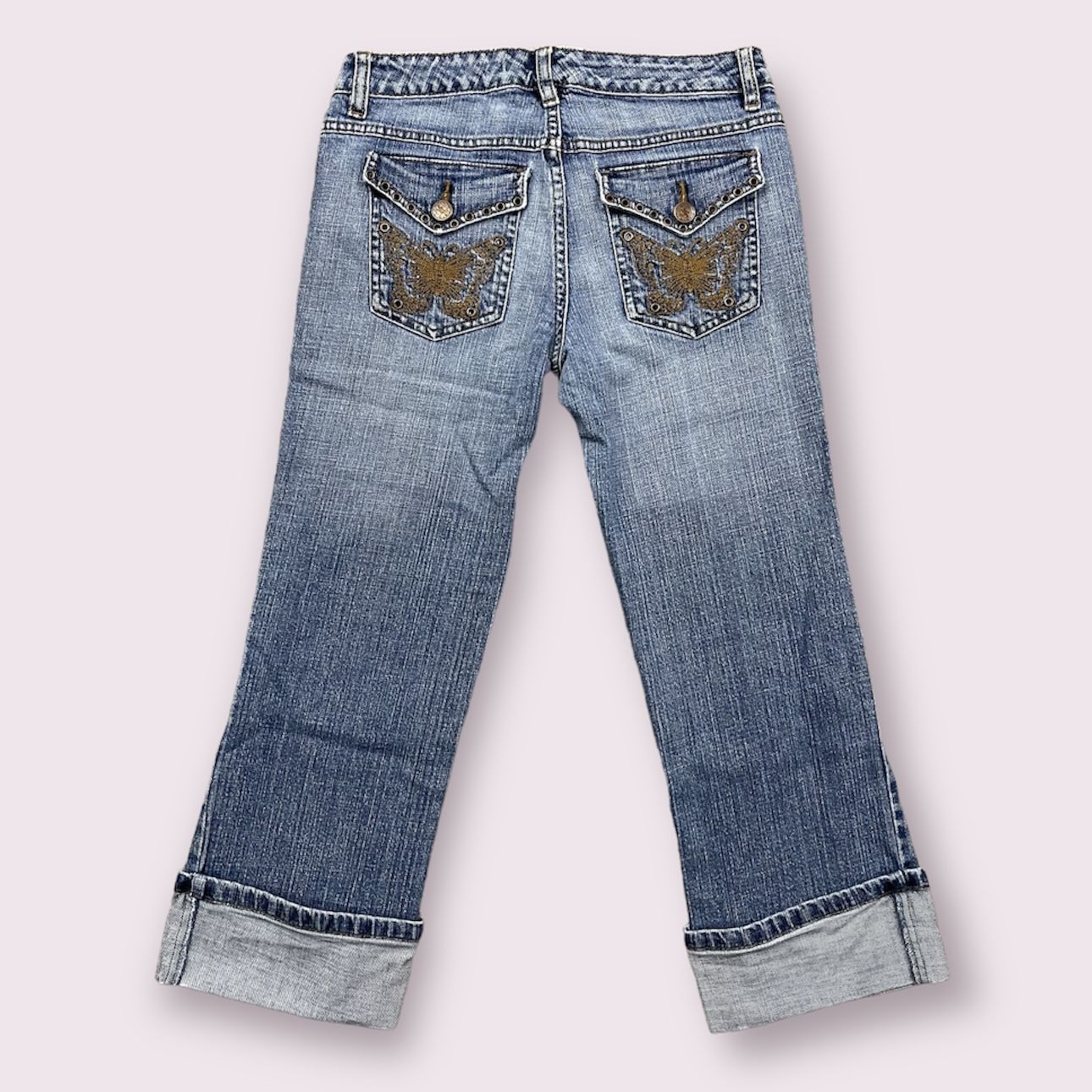 SO WEAR IT DECLARE IT Vintage Y2K Embroidered Butterfly Capri Cuffed Hem Jeans