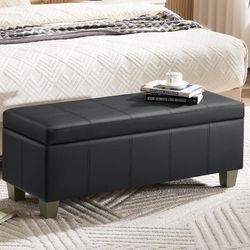 41"  Storage Ottoman, Stitch Tufted Rectangle Upholstered End of Bed Storage Bench, Entryway Large Couch Ottoman with Wooden Legs, Dark Black

