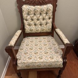 Antique Carved Eastlake Chair - Super Cool Vintage Fabric 