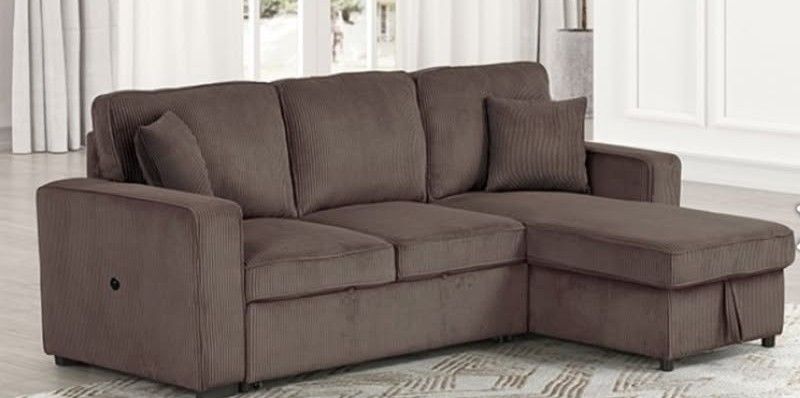L-Shape Sleeper Sectional with Chaise/Storage in Brown Fabric.