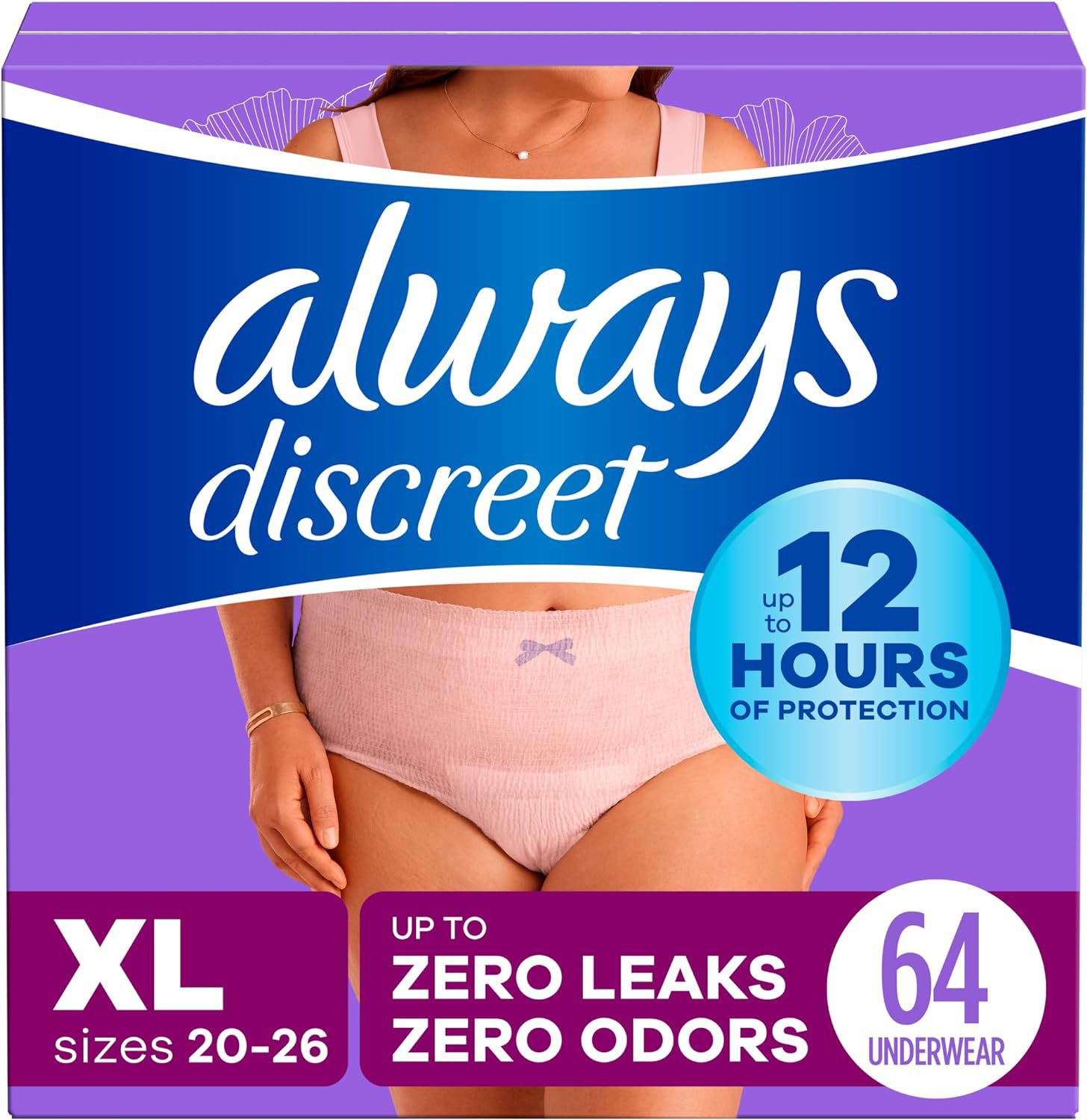Always Discreet Adult Incontinence Underwear for Women and Postpartum Underwear, XL, up to 100% Bladder Leak Protection, 64 Count (Packaging May Vary)