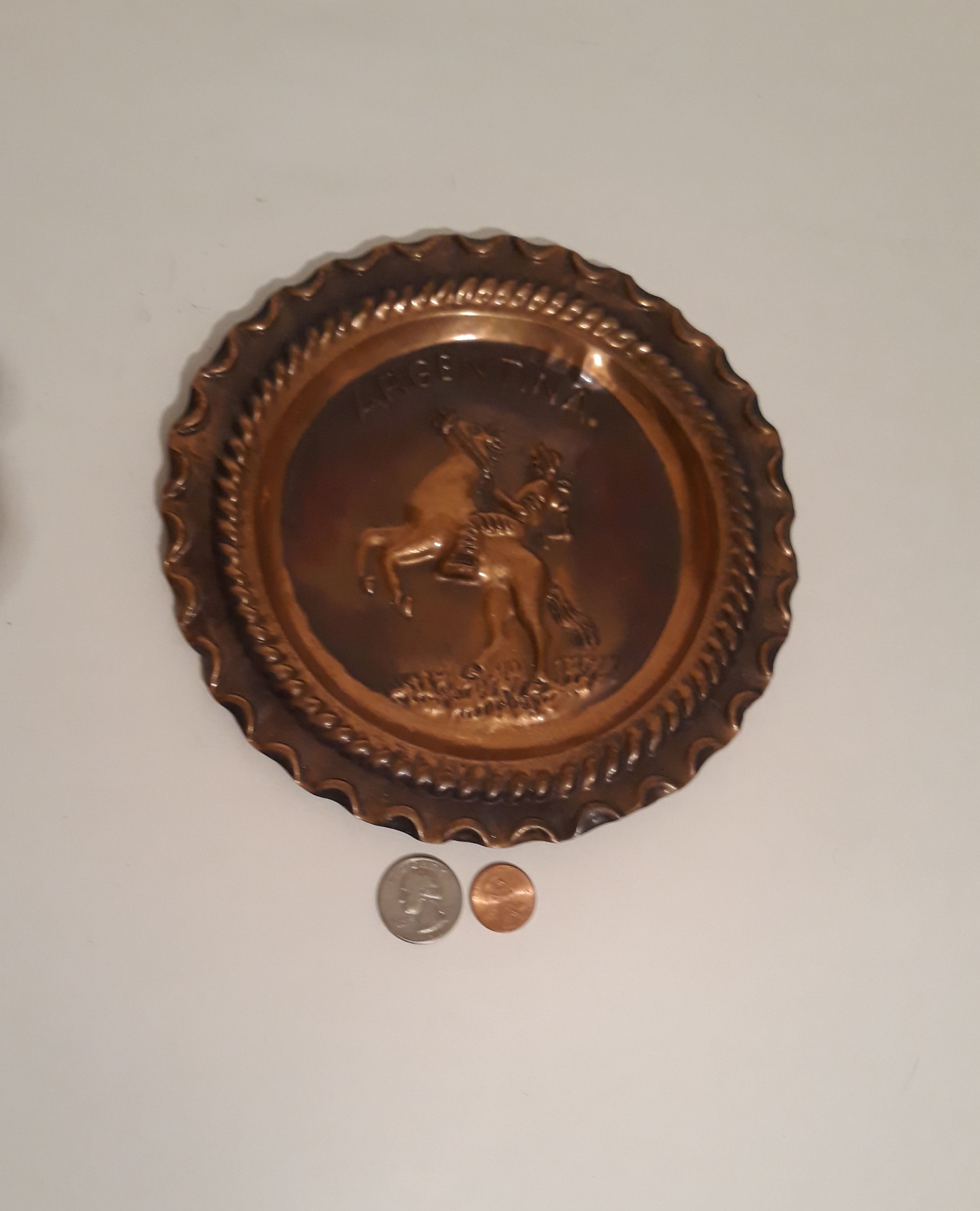 Vintage Copper Metal Wall Hanging Plate, Home Decor, Argentina, 7 1/2" Wide, Horse, Wall Decor, Shelf Display, This Can Be Shined Up Even More