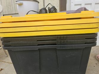 Black Plastic Storage Totes with Yellow Lids