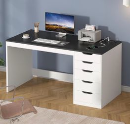 47”Computer Desk with 5 Drawers and Power Outlets , Black and White