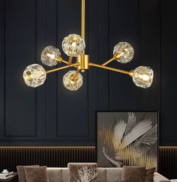 (G-25) Sputnik Chandeliers for Dining Room,6 Lights D25'' Inch Modern Gold Crystal Chandeliers Adjustable Height Brass Lighting Fixtures for Bedroom K