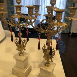  Elegant Solid Brass With Marble Base Candelabras. 