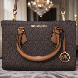 Michael Kors Sheila Satchel Brown MK Monogram Crossbody Bag Gold Charm NWOT