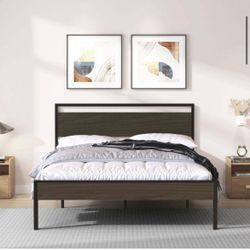 Walnut Wood and Metal Queen Bed Frame