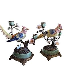 Mark Roberts Pair Of Porcelain Cockatoo Candelabra On Celadon Base
