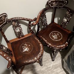Early 20th Century Chinese Rosewood Mother of Pearl Armchairs- Set of 2