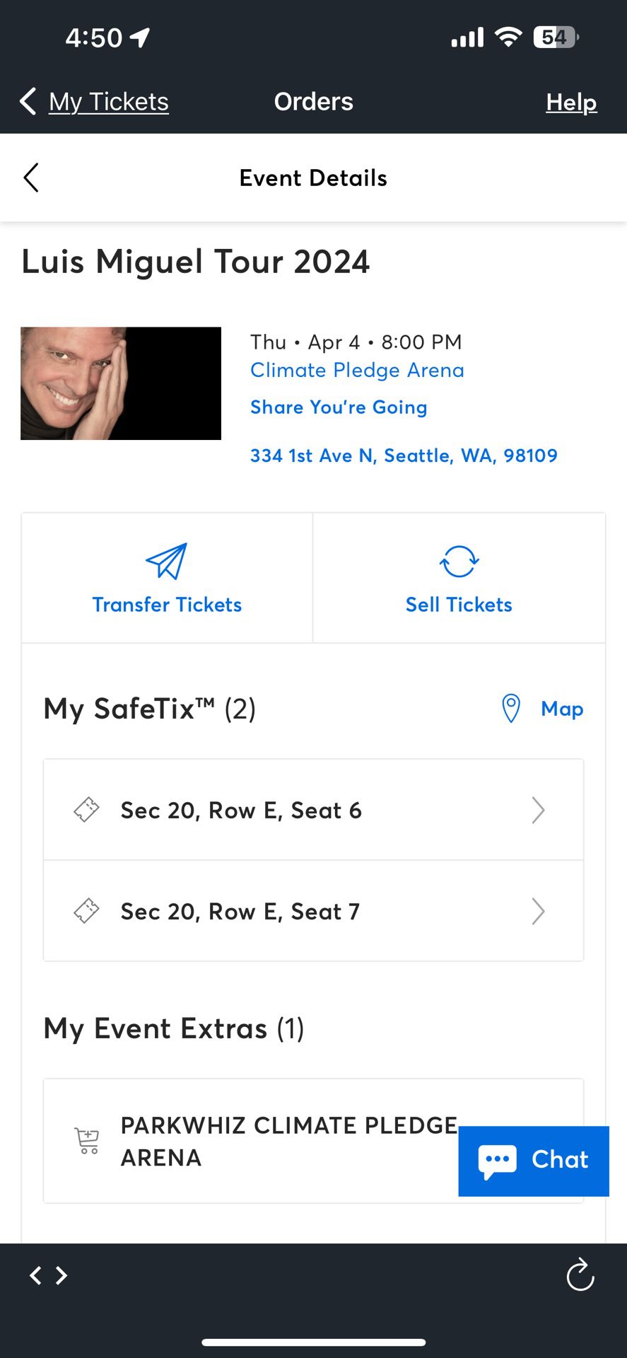 2 Luis Miguel Tickets in Seattle for tomorrow (Sec 20, Row E, Seat 6-7)