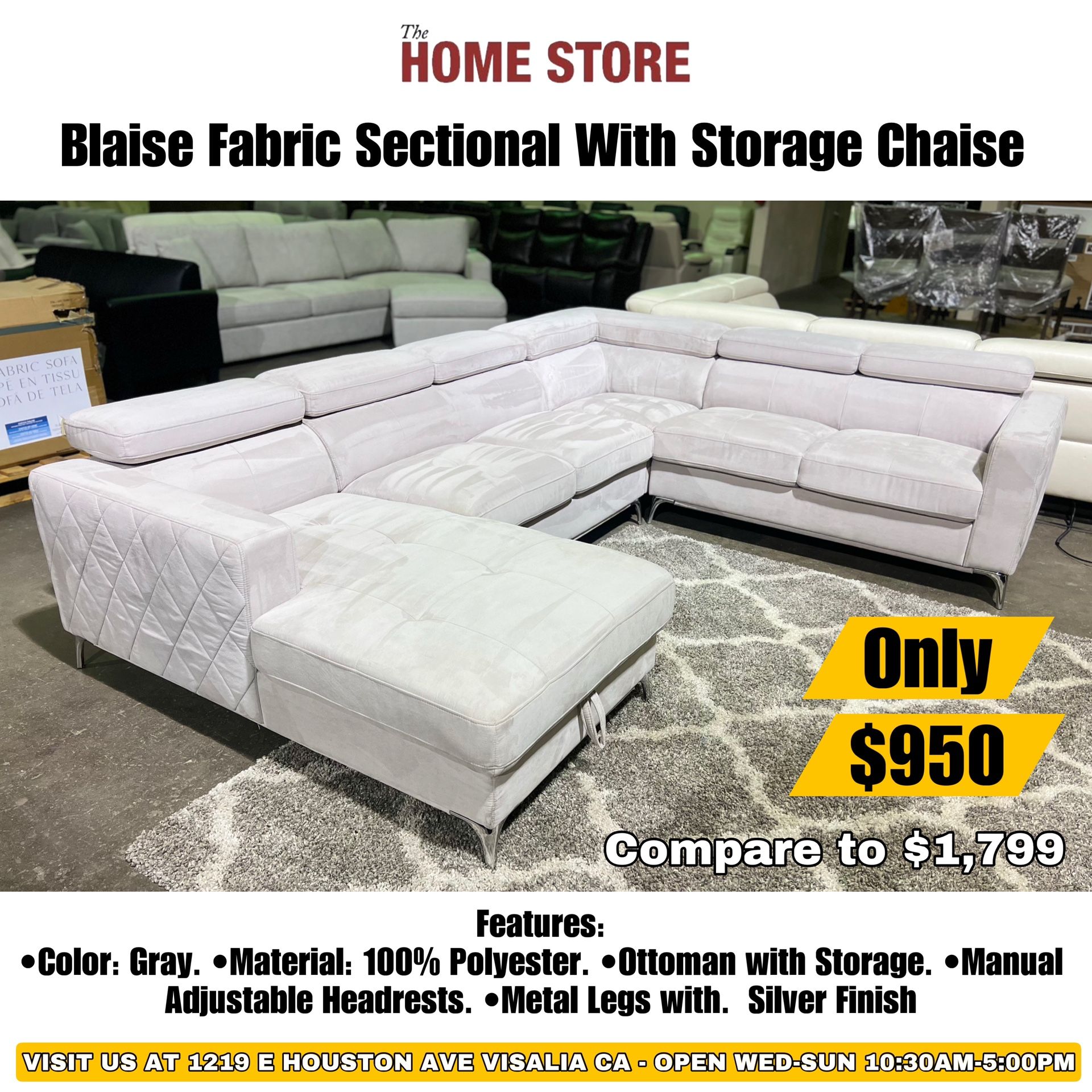 Gray Fabric Sofa Sectional With Storage Chaise