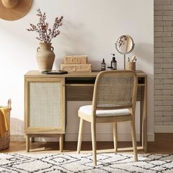 Haylee Boho Farmhouse Writing Desk, with Natural Rattan Exterior Door, Ample Storage, Adjustable Shelves, for Study, Vanity, Makeup, & Work, in Bedroo