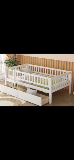 White kids twin bed frame with guard rails