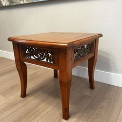 Vintage Solid Wood Maple Oak Side Table With Ornate Leaf Metal Inserts and Flared Legs