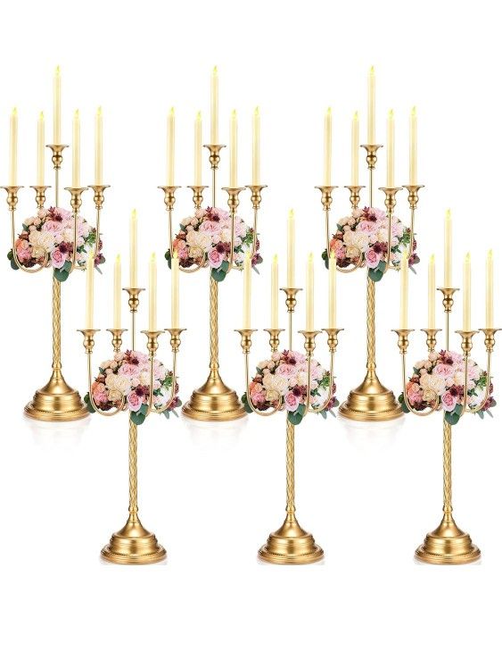 Gold Candelabra Centerpieces for Tables – Set of 6 Tall Metal Candle Holders