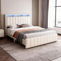 Queen Platform Bed Frame Storage Headboard with LED Light, 