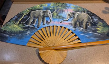 Large Decorative Bamboo Fan with Elephant Painting