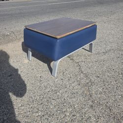 WOOD TOP BLUE MIDDLE AND METAL LEGS TABLE. HAVE 2 OF THEM .$35 EACH.