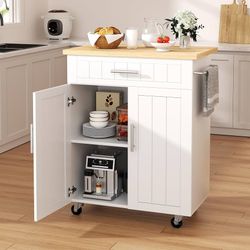 Kitchen Island cart with Storage, Portable Bar Cabinet on Wheels, Rolling Microwave Cart Side Table with Workstation for Kitchen, Dinning Room, White