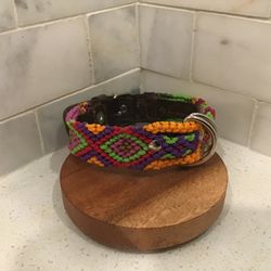 Handmade Dog Collar – 14” S – Earthy Tribal Weave with Dark Leather