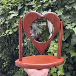 Vintage handmade mahogany wooden heart shaped swivel vanity mirror