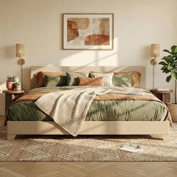 King Size Bed Frame with Adjustable Headboard, Stable Mattress Foundation, Strong Back-Support, No Box Spring Needed, Beige